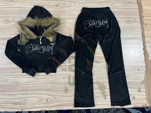 Winter Diamond <b>Rhinestones</b> Letter Y2K Women's Casual 2-Piece Breathable Plus Size Velvet Hooded Tracksuit Set Crop <b>Jacket</b> - Product Image 2