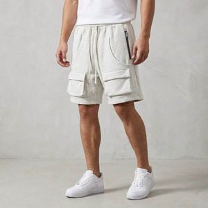 Shorts cargo pour homme, couleur unie, taille mi-haute, cordon de serrage, décontractés, respirants, en coton tricoté, avec poches - Product Image 1