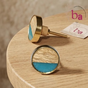 Ba Modern Round <b>Brass</b> Drawer <b>Knob</b> with Wood and Turquoise Inlay Eco-Friendly for Cabinet Furniture Home Office & Living Room Use - Product Image 1