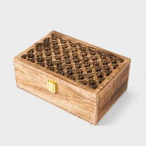 Wooden Jewelry Box Rectangular Engraved Hexagon Pattern <b>Double</b> Tier Stackable Storage Box for Bedroom Decorative Organizer - Product Image 2