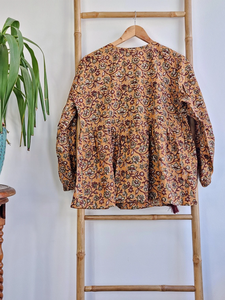 Chemise bohème en pur coton, imprimé floral pêche apricot terreux, élégante, confortable, style indien Bagru, débardeur court d'été - Product Image 2