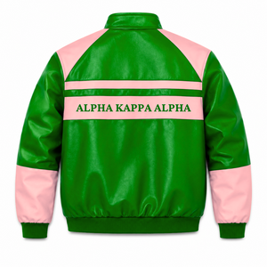 เสื้อแจ็คเก็ตหนังสีชมพูและสีเขียวปักโลโก้ Alpha Kapa Alpha Sorority แบบลำลองสำหรับผู้หญิงบุด้วยโพลีเอสเตอร์ - Product Image 3