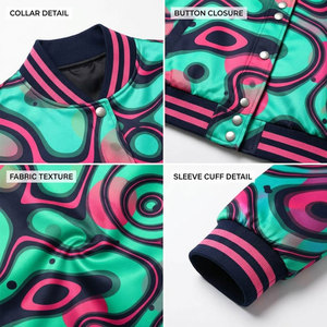 Green Pink Geometric Print Varsity <b>Jacket</b> Women's <b>Short</b> Crop Bomber Coat Full <b>Sleeve</b> Turn-down Collar Polyester Autumn Style - Product Image 6