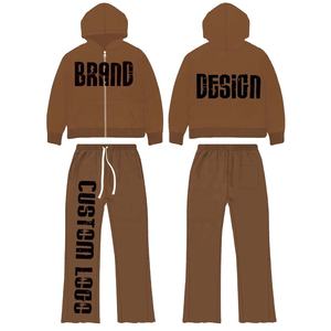 Último diseño chándal personalizado 500 GSM peso pesado puff estampado sudadera distress Flare pantalones de chándal y Sudadera con capucha conjuntos hombres chándal - Product Image 5