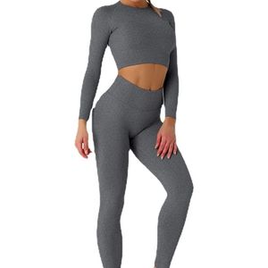 Solid Color Ribbed Gym Set Long Sleeve <b>Crop</b> <b>Top</b> High Waist Seamless Yoga Set Wine <b>Red</b> - Product Image 5