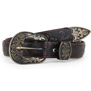 Vintage Western Style Embossed Leather Belt for Men Brown <b>Tooled</b> Floral Pattern Cowboy Waistband with <b>Engraved</b> Silver Buckle - Product Image 2