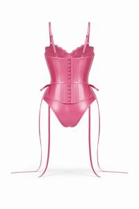 Women's Pink Underwire Corset Bodysuit With Lace Trim <b>Adjustable</b> <b>Straps</b> Side Tie Closure G-String Panty Set - Product Image 5