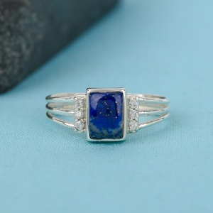 925 Sterling Silver <b>Lapis</b> <b>Lazuli</b> CZ Bezel Setting Handmade Multi-Band Rectangular Gemstone Statement <b>Ring</b> Wholesale Jewelry - Product Image 5