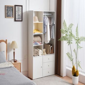 Armadio Bianco per Camera da Letto con Asta Appendiabiti, Cassetti e Ripiani, Maniglie e Vetro Temperato per Conservazione Vestiti - Product Image 5