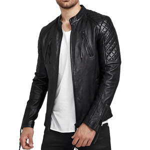 <b>Men</b> Genuine Leather Cafe Racer <b>Jacket</b> Slim Fit Zip Band Collar Minimalist Style Black Tan OEM Wholesale - Product Image 1