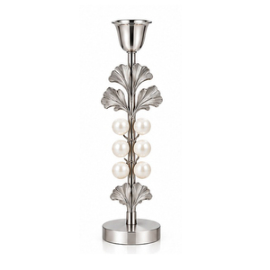 Porte-bougie en acier inoxydable avec accents de perles et motif feuille pour la décoration de la maison et les mariages - Product Image 1