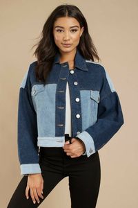 Women's Color Blocked <b>Denim</b> <b>Jacket</b> <b>Cropped</b> Button Front Long Sleeve Casual Spring Style Stonewashed Cotton Coat - Product Image 6