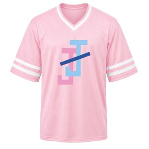 เสื้อกีฬาปักลายสีชมพู JJ คอวี แขนสั้น ลายทางสีขาว เสื้อทีมกีฬาน้ำหนักเบา ชุดกีฬา - Product Image 1