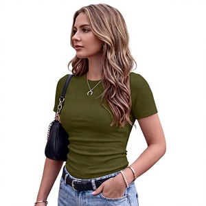 เสื้อยืดแขนสั้นสีเขียวมะกอก ผ้าริบ ทรงลำลอง คอกลม ผ้าถัก สำหรับผู้หญิง ทรงปกติ ผลิตจากโพลีเอสเตอร์/คอตตอน เหมาะสำหรับฤดูร้อน - Product Image 4