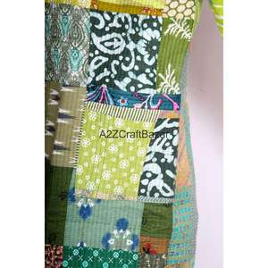 Robe longue indienne vintage faite à la main Kantha pour femme, col en V, à cordon de serrage, manches longues, 100 % coton, séchage rapide, douce et respirante, avec short - Product Image 2