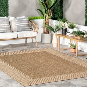 Tapis rectangulaire moderne à rayures en polypropylène, tissage plat, imperméable, beige et marron, pour décoration intérieure et extérieure - Product Image 3