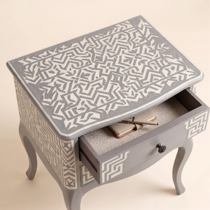 Mesita de Noche Gris de Estilo Antiguo Moderno con Incrustaciones de Hueso Hecha a Mano, Mueble Multifuncional para Dormitorio/Apartamento, India - Product Image 3
