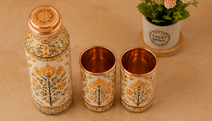 Ensemble de bouteille d'eau et de gobelet en cuivre floral moutarde de luxe, bouteille en cuivre botanique jaune artisanale avec tasses assorties, qualité supérieure - Product Image 6