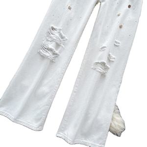 HAMIO SPORTS Jean en denim déchiré taille haute pour femme, coupe large, longueur intégrale, délavé, style décontracté, polyester/coton, imperméable - Product Image 3