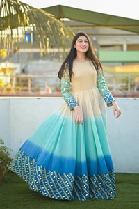 Hot Selling Ombre Turquoise Pakistani Party Wear Dress Mirror Work Mint Green Georgette Flared Anarkali Maxi Long Frock - Product Image 3