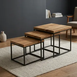 Modern Three Nesting Coffee <b>Table</b> Set Multifunctional Stackable Storage Metal Frame Metal Top <b>Small</b> <b>Table</b> <b>Wood</b> Bed Side <b>Table</b> - Product Image 3