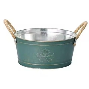 Jardinière ovale en métal galvanisé vert avec poignées en corde, durable, pour extérieur, jardin, fleurs, plantes, pot de fleurs - Product Image 1