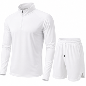 <b>Men's</b> White Quarter-Zip Long Sleeve Sport <b>Jacket</b> And Shorts Set Quick Dry Knitted Solid Color <b>Summer</b> Athletic Wear - Product Image 5