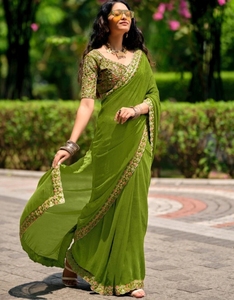 Sari en Georgette Brodé Rayé pour Femme KV, Style Bollywood, avec Blouse Non Cousue (Vert), Réversible, Séchage Rapide, Infroissable, Idéal Mariage - Product Image 2