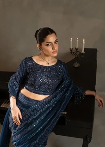 Sari de luxe en crêpe de soie pur, motif dessiné à la main, sans plis, tenue de soirée de créateur avec chemisier, vêtement traditionnel indien - Product Image 2