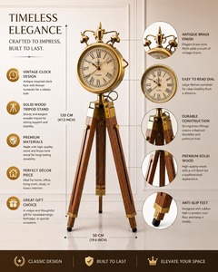 Horloge de sol nautique vintage sur trépied en bois, finition laiton, cadran à chiffres romains, style grand-père maritime antique - Product Image 2