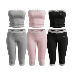 STITCHMODE Custom logo OEM Women <b>Sexy</b> 2 Piece <b>Set</b> Lace Trim Bow Tube Top and Capri Leggings Balletcore Lounge Wear Pajamas <b>Set</b> - Product Image 2
