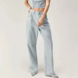 Jean droit taille basse délavé pour femme, coupe ample, style décontracté, jambe large en denim - Product Image 1
