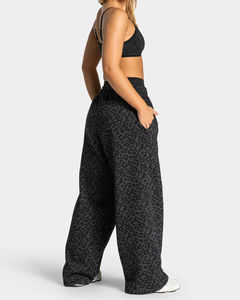 Women’s Grey Leopard Print Wide Leg Pants High Waist Elastic Casual Streetwear Loose Fit Jogger <b>Trousers</b> with Piping - Product Image 4