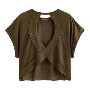 Top Corto de Mujer Verde Oliva con Manga Casquillo, Espalda Cruzada, Tejido, Ajuste Holgado, Color Sólido, Asimétrico, Transpirable para Primavera/Verano - Product Image 1