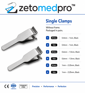 Single <b>Clamps</b> Frameless Packaged in Pairs Artery Vein Sizes 0.4-1mm 0.6-1.5mm 1-2.25mm Black ZETOMEDPRO - Product Image 2