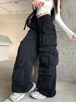 Celana Cargo Pria Pinggang Tinggi Model Kaki Lebar Bahan Kanvas Stonewashed Banyak Kantong Gaya Workwear Kancing Depan Cocok untuk Musim Gugur