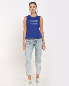 Camiseta sin Mangas Azul para Mujer, Cuello Redondo, Diseño con Letras Estampadas, Informal, Transpirable, Tejida en Poliéster - Product Image 2