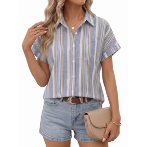 Blusa de Punto a Rayas para Mujer Talla Grande, Cuello Camisero, Manga Corta, Botones, Camisa Informal de Verano, 100% Algodón Transpirable - Product Image 1
