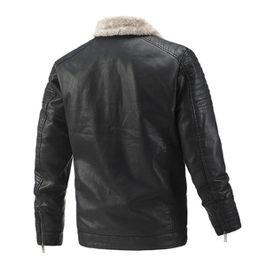 Veste de motard en cuir noir pour homme avec doublure en fausse fourrure, fermeture éclair, coupe-vent, col rabattu, coupe ajustée - Product Image 2