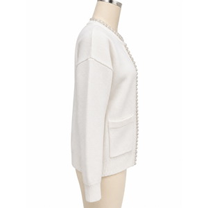Cardigan tricoté pour femme, motif pied-de-poule bleu et blanc, col en V, manches longues, décontracté, automne, 100% acrylique, poches, simple boutonnage, vente en gros - Product Image 2
