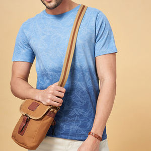 T-shirt à manches courtes pour homme, col rond, coupe classique, motif floral, dégradé bleu, coton tricoté, décontracté, respirant - Product Image 2