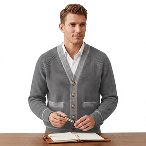 Men's <b>Navy</b> Knitted <b>Cardigan</b> Solid Color Full Sleeve Button Closure Autumn Wear - Product Image 2