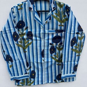 Ensemble de pyjama pour femmes, bleu rayé, broderie florale, manches longues, vêtements de nuit en coton, vêtements de nuit décontractés, 2 pièces - Product Image 5