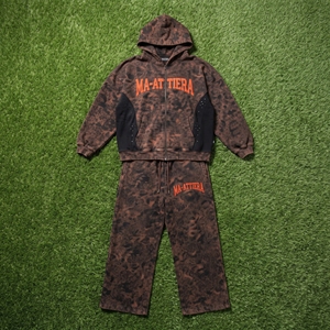 Ensemble de survêtement marron délavé pour homme, sweat à capuche zippé et pantalon de jogging ample, tenue streetwear personnalisée deux pièces - Product Image 6