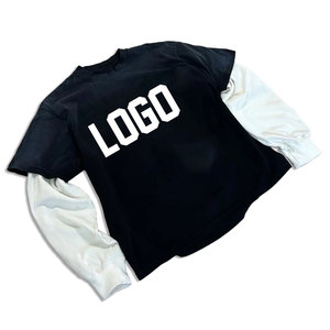 เสื้อยืดแขนยาวโอเวอร์ไซส์ผู้ชาย สีเทา-ดำ ตัดต่อผ้าถัก คอโอ ผ้าฝ้าย พิมพ์ลายตัวอักษร โลโก้ด้านหน้า เสื้อยืดสองชั้น สไตล์ลำลอง - Product Image 2