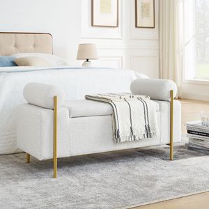 Elegante Panca Contenitore in Lino Bianco con Braccioli Cilindrici e Gambe in Ferro per Ingresso, Soggiorno o Camera da Letto - Product Image 1