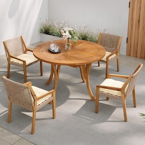 Ensemble de jardin en teck pour l'extérieur, table ronde avec 4 chaises, mobilier de patio en bois contemporain, résistant aux intempéries, design en bois massif - Product Image 1