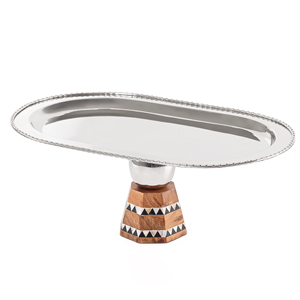 ฐานวางเค้กสแตนเลสทรงวงรีพร้อมฐานไม้และลายฝังมุกแบบทำมือ - Product Image 1