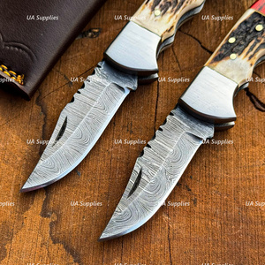 UA Supplies Industrial Grade Damascus Steel Utility Folding Knife with Elk Horn & Wood Handle Clip Point Blade OEM Customizable - Product Image 2