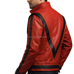 Red Thriller <b>Leather</b> <b>Jacket</b> | Iconic Black V-Stripe Pop Icon Biker Coat High-Volume Pop Icon Outerwear - Product Image 4